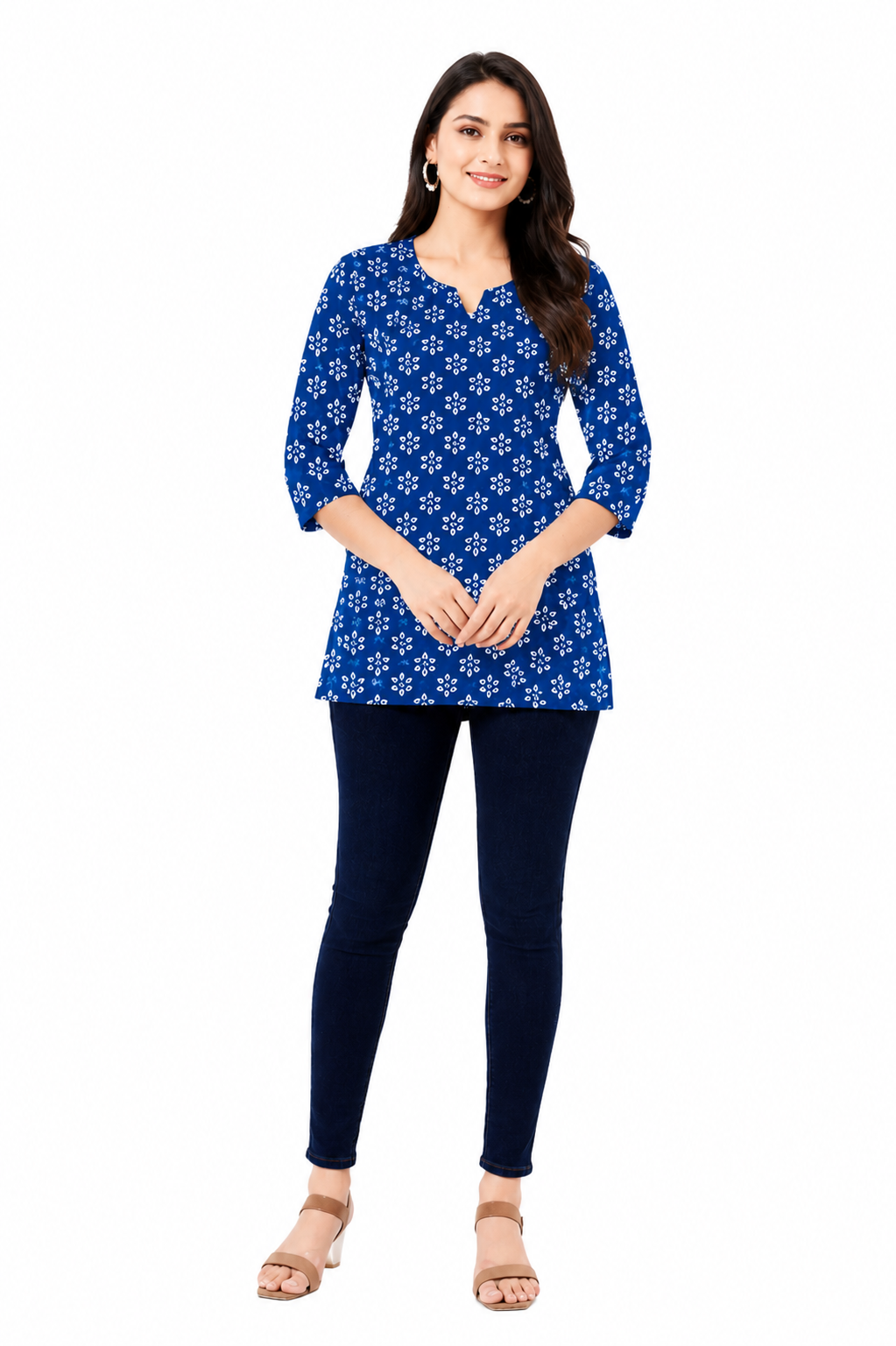 Pure Cotton 60-60 Short Printed Kurti with round neck and 3/4 Sleeves.