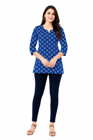Pure Cotton 60-60 Short Printed Kurti with round neck and 3/4 Sleeves.