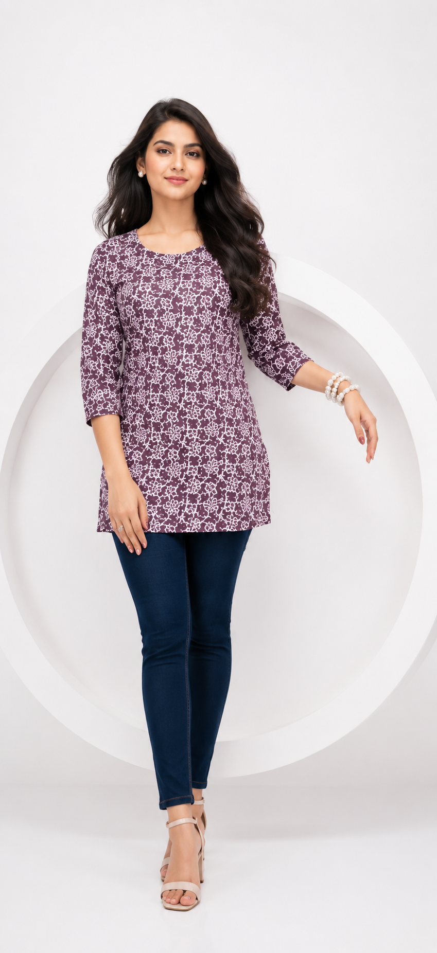 Pure Cotton 60-60 Short Printed Kurti with round neck and 3/4 Sleeves.