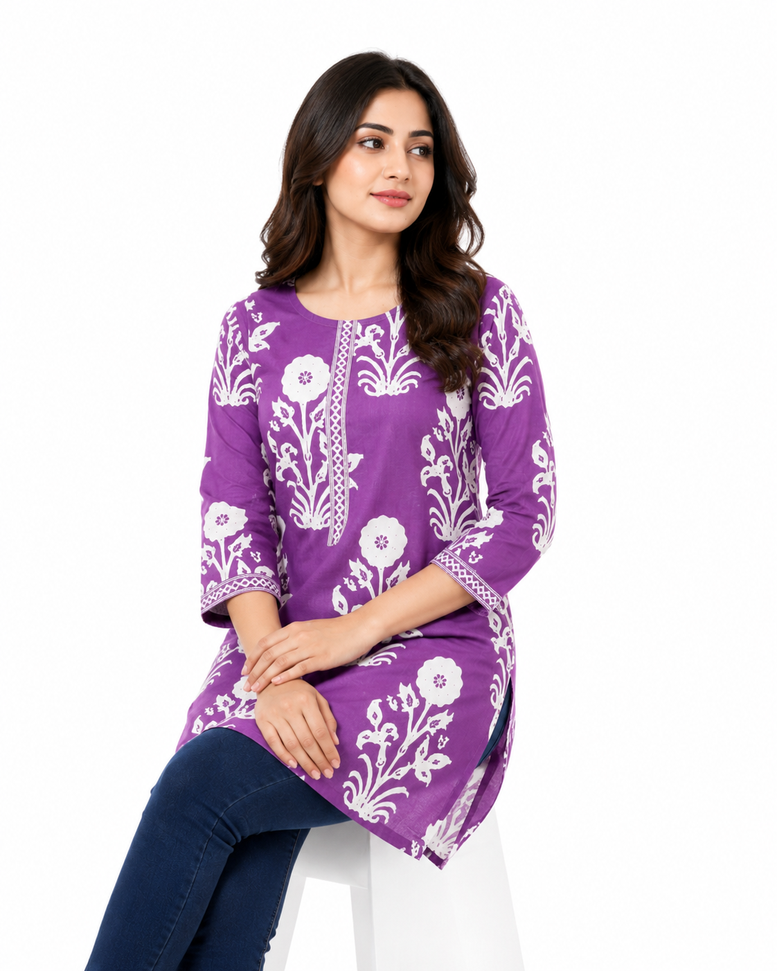 Pure Cotton 60-60 Short Printed Kurti with round neck and 3/4 Sleeves.