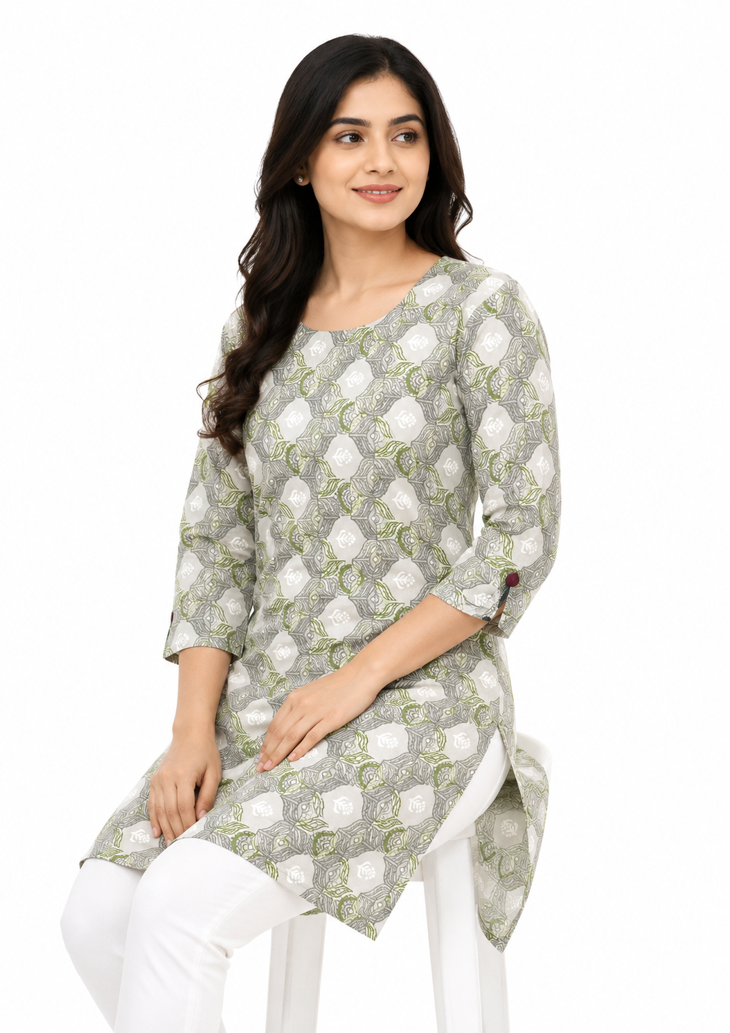Pure Cotton 60-60 Short Printed Kurti with round neck and 3/4 Sleeves.
