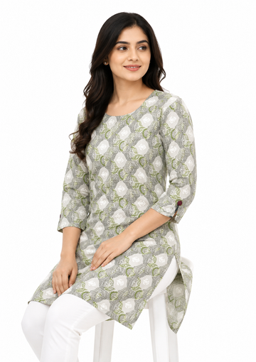 Pure Cotton 60-60 Short Printed Kurti with round neck and 3/4 Sleeves.