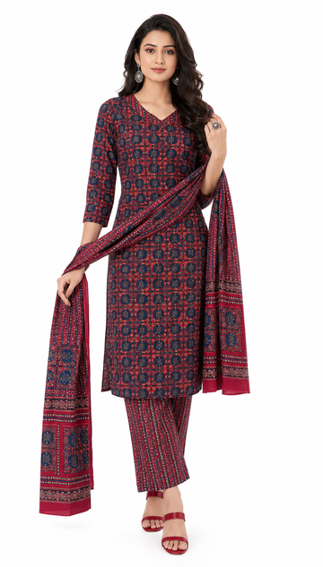 3 Piece Pure Cotton Ajrakh Printed Office Wear Dress
