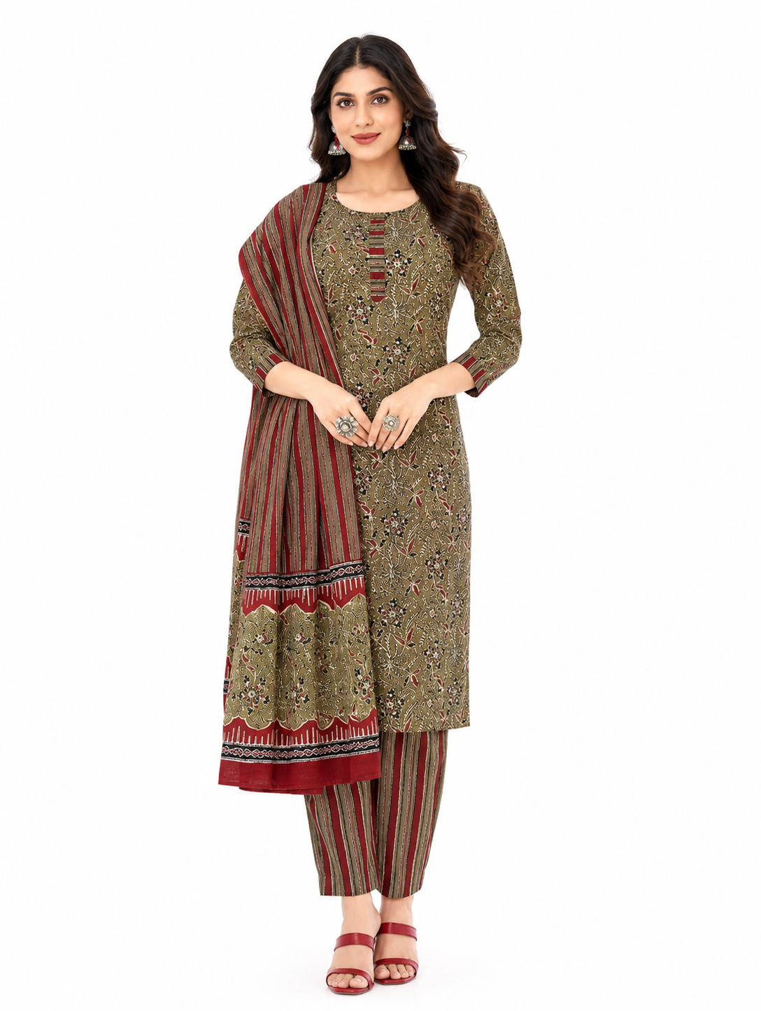 3 Piece Pure Cotton Ajrakh Printed Office Wear Dress