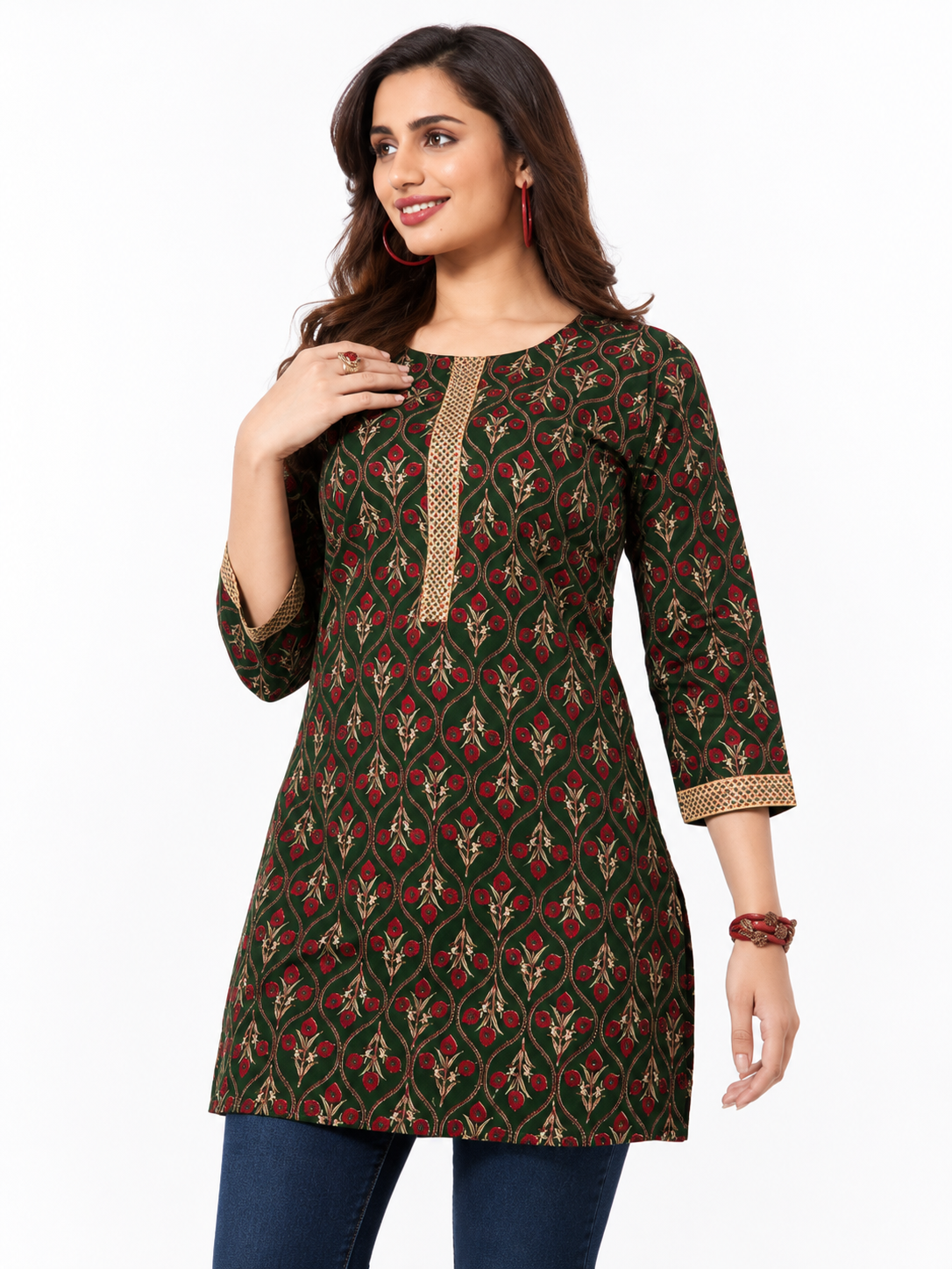 Pure Cotton 60-60 Short Printed Kurti with round neck and 3/4 Sleeves.