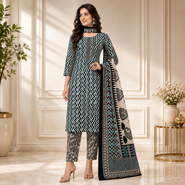 3 Piece Pure Cotton Ajrakh Printed Office Wear Dress