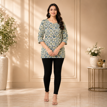 Pure Cotton 60-60 Short Printed Kurti with round neck and 3/4 Sleeves.