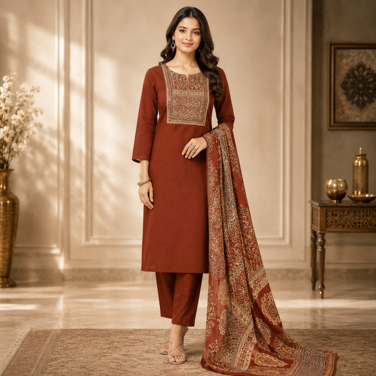 3 Piece Pure Cotton Ajrakh Printed Office Wear Dress