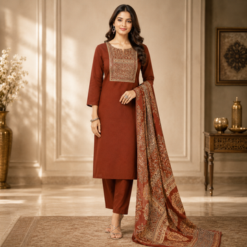 3 Piece Pure Cotton Ajrakh Printed Office Wear Dress
